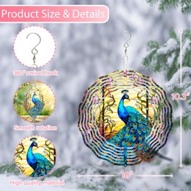 Peacock at Sunset Wind Spinner Stainless Steel Hanging Wind Spinners Mandala Kinetic Art 10 Inch Garden Decoration for Patios, Lawns, and Balconies