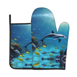 YYHWHJDE Ocean Underwater Dolphin Fish Printing Oven Mitts and Pot Holders Sets of 2 Kitchen Baking Used to Open Pot lids in The Kitchen and to Carry Dishes from Microwave ovens