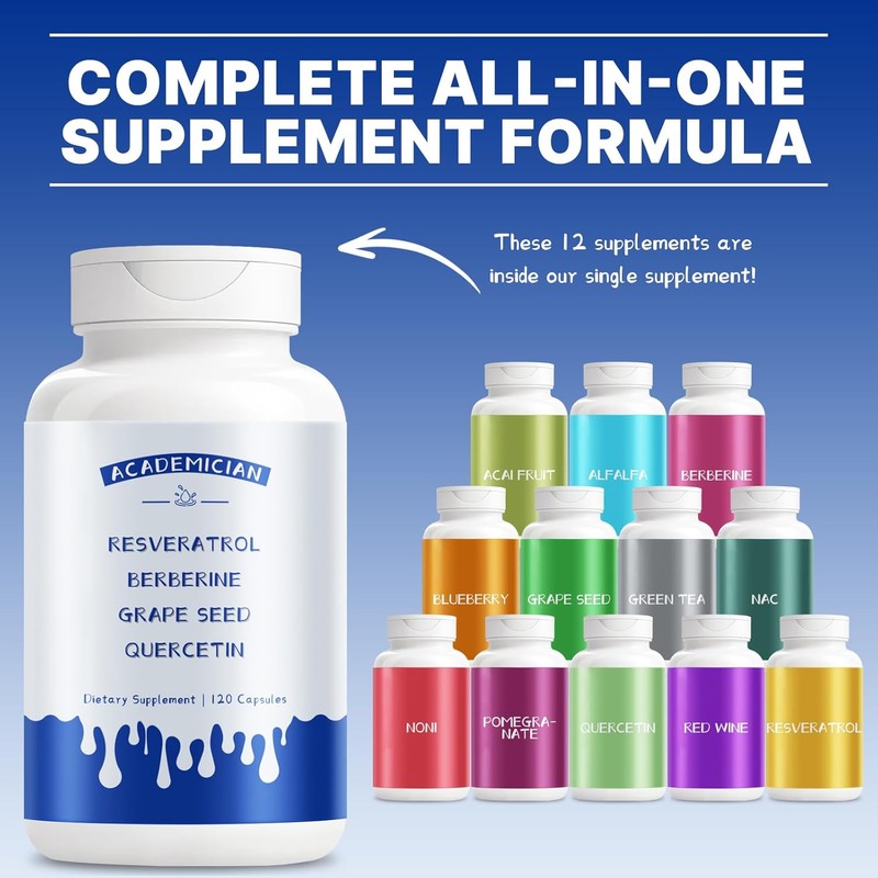 ACADEMICIAN Resveratrol Berberine Supplement Quercetin Capsule with Bromelain Grape Seed
