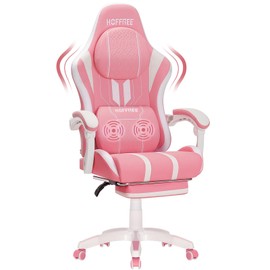 HOFFREE Gaming Chair Massage Big and Tall Gaming Chairs with Footrest 400lb Game Chair for Adults Heavy People Computer Chair Gamer Chair Pink and White