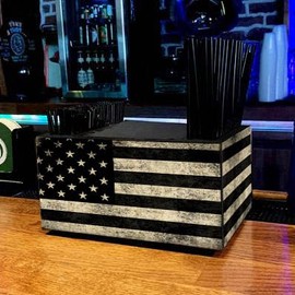 Wooden Utensil Holder Napkin Bar Caddy Parent (American Flag Black)