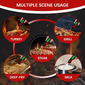Aouplry Meat Thermometer Digital,Instant Read Food Thermometer with Backlight LCD Screen, IP67 Waterproof Foldable Long Probe & Auto On/Off, Perfect for Cooking,BBQ,Candy Making (Red)