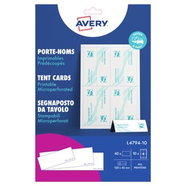 Avery Printable Business Tent Card 4 per Sheet 120x45mm White 190gsm Ref L4794-10 [40 labels]