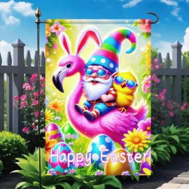 BlissYard Happy Easter Gnome Garden Flag Double Sided 12 x 18 Flamingo Garden Flag with Easter Egg Welcome Yard Flags for Party Home Decor Festive Bunny Chick Spring Holiday Yard Outdoor Banner