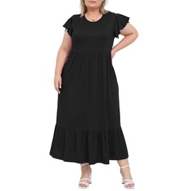 Moon Wood Women's 2025 Summer Casual Dress Crew Neck Ruffle Short Sleeve Maxi Dresses with Pockets Plus Size Black XXL