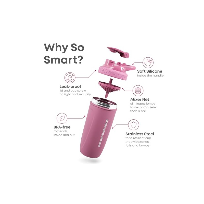SmartShake Reforce Rosa Botella Mezcladora de Acero Inoxidable 900 ml,