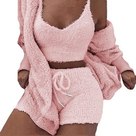 HRESSLBD Women's Warm Fuzzy Fleece 3 Piece Outfit Pajamas, Woman Solid Cozy Hooded Coat Jacket Outwear and Sleeveless Tank Top Shorts Set (Pink, XL)