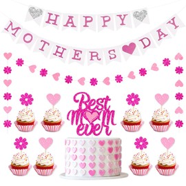 11 Pieces Happy Mother's Day Decoration,Triangle Flags Garland for Mother's Day Hanging Decorations,Best Mom,Flowers and Hearts Cupcake Toppers,for Mothers Day Party Decoration Supplies (A)