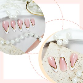 White French Tip Press On Nails Medium Almond Fake Nails Nude Pink Nails Press Ons With Gold Stripe Designs Acrylic False Nails Full Cover Glue On Nails Glossy Stick On Nails For Women