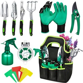 Garden Tools Set 15 Pieces Aluminum Alloy Heavy Duty Gardening Hand Tools with Ergonomic Handle | Digging Trowel Pruner Weeder Hand Rake | Storage Tote Bag | Outdoor Gardening Gifts for Women and Men