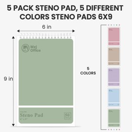 Mzj.Office Steno Notebooks Top Spiral 6x9 | Steno Pads -5 Assorted Color | Steno Notepad Gregg Ruled | Spiral Notepads for Work, School, College, Office Note Taking | Professional Notebooks for Work.