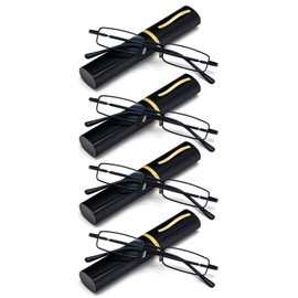 REAVEE 4 Pair Slim Pen Reading Glasses Tube Reader Glasses Men Women Small Readers Spring Hinged Eyeglasses with Portable Clip Case, Black 2.25