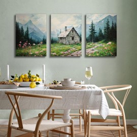 SERIMINO Nature Landscape Canvas Wall Art for Living Room, Forest Mountain Canvas Prints Paintings Room Decor, Cottage Meadow Wildflower Modern Farmhouse Wall Decor Set of 3, 16"X24"