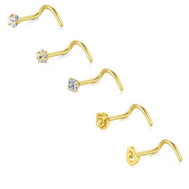 Cizme 5-8 Piece Silver Nose Screw 22 g 7 mm Surgical Stainless Steel Nose Perforated with Flower Star Heart Shaped Zircon Nose Bar L-shaped Perforated Jewellery, Stainless Steel