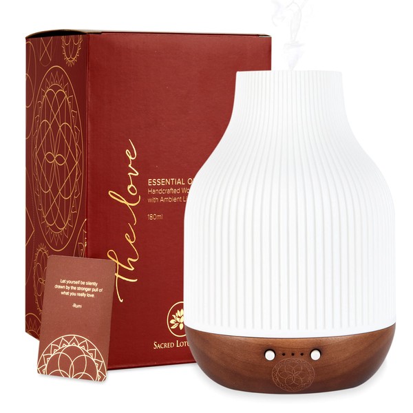 Essential Oil Diffuser Lamp, White Ceramic + Brown Wood, Ultrasonic 180ml Whispersoft, 4 Timers | 5 Light Settings, Auto Shut Off, Home + Office, Humidifier Air Purifier Aromatherapy