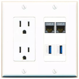 Wall Plate City 2 CAT7 2 USB-3 Port Wall Plate w/Power Outlet White