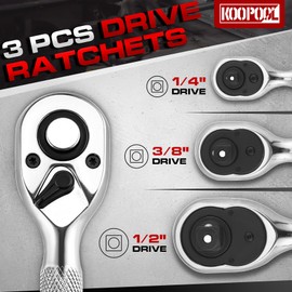 KOOPOOL 3PCS Stubby Ratchet Set, 1/4", 3/8", 1/2" Drive, 72-Tooth Ratchet Wrench Set with CR-MO Head, Quick-Release & Reversible Design, Full Polished, Compact Storage Case