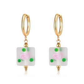 Flyonce Rose Flower Glass Earrings for Women, Vintage Cute Drop Dangle Hoop Jewelry White