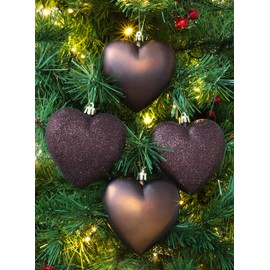 Christmas Concepts® 4-100mm Heart Shaped Baubles - Matte & Glitter Design - Christmas Decoration (Brown)