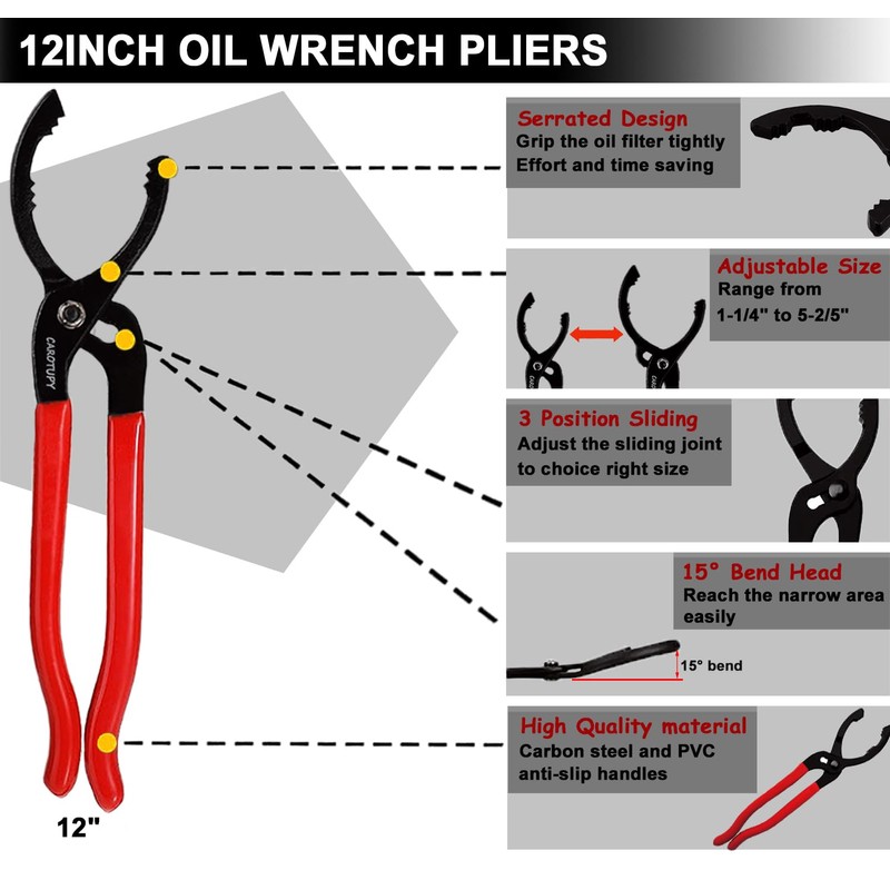 CAROTUPY 5Pcs Adjustable Oil Filter Pliers Set, Universal Oil Filter