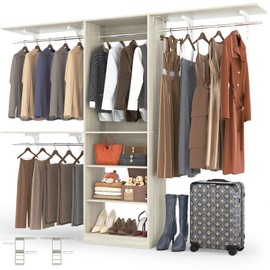 Girapow 96 inch Closet System with Storage Shelves, 8FT Closet Organizer System with 3 Hanging Rods & Shelves Adjustable, Wall-mounted Closet Organizers Storage System for Walk-in Closet, White Oak