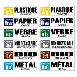 GamesMonkey® - Recycling Waste Recycling Stickers - FR - v1 - Washable Raincoats Illustrated - French English - Glossy Vinyl DH (15x4cm, 12 Pieces)