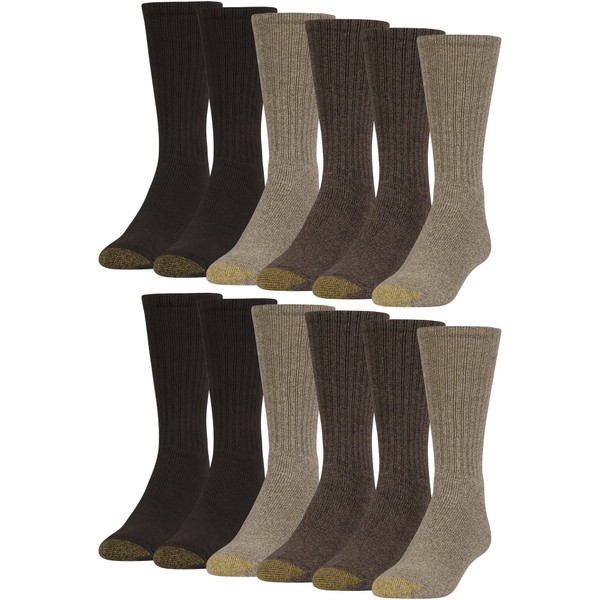GOLDTOE Men's Harrington Crew Socks, Multipairs, Taupe Marl/Khaki Marl/Brown (12-Pairs),