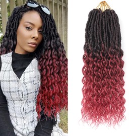 Burgundy Pre-Looped Goddess Locs Crochet Hair for Black Women-8 Packs 18 Inch Faux Locs With Deep Wave Curly Ends Soft Synthetic Prelooped Loose Wavy Braids|Lightweight& Natural Look(18",T1B/BUG#)