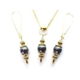 Vintage Style Stainless Steel Women's Choker Necklace and Earring Jewelry Set with Black Hematite Pendant