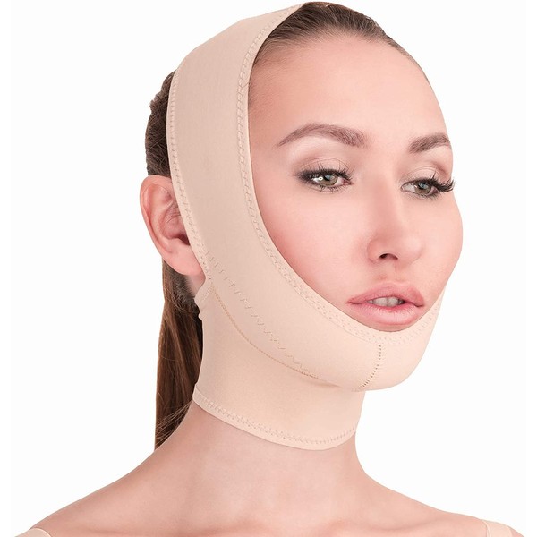 Post Surgical Chin Strap Bandage for Women - Neck and Chin Compression Garment Wrap - Face Slimmer, Jowl Tightening (Beige, L)