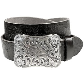 Men's Western Tooled Full Grain Leather Jean Belt Black 1.5" Wide (Black, 38)