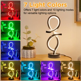 Mayful Modern Table Lamp, LED Spiral Lamp, RGB Table Lamp, Black Bedside Lamp with 7 Colors 10 Light Modes, Touch Dimmable Nightstand Lamp for Bedroom Living Room Home Office, 15W