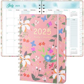 YQQZQ 2025 Planner A5 Notebook,Monthly Weekly Daily Pianning,with Stickers Easier to Read and Memo,Ideal Helper for Office School Family,Pink Floral Design,Spiral Bound