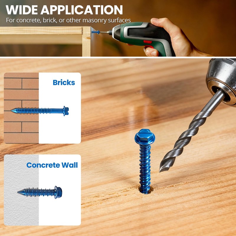 200PCS Concrete Screws, 3/16" 1/4" Masonry Screws with Drill Bit