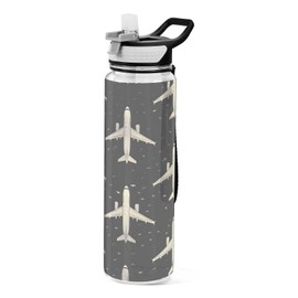 Mnsruu Water Bottle with Airplane Black Pattern Sports Water Bottle with Straw 1L BPA Free Tritan Clear Water Bottle for Kids Boys Girls Adults School Travel