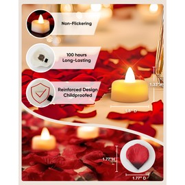 Amagic 1000 Pieces Artificial Rose Petals with 12 Heart LED Tea Lights Candles Kit, Rose Petals and Candles Set for Proposal, Anniversary, Valentine's Day, Special Romantic Night, Wedding Table Decor
