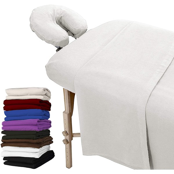 London Linens Extra Thick 3 Piece Set Massage Table Sheets Set - 100% Natural Cotton Flannel - Includes Massage Table Cover, Massage Fitted Sheet, and Massage Face Rest Cover (White)