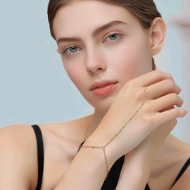 Frigotine Gold Hand Chain Ring Bracelet for Woman, Dainty Stainless Steel Chain Finger Ring Slave Bracelets Adjustable Summer Beach Jewelry Gifts