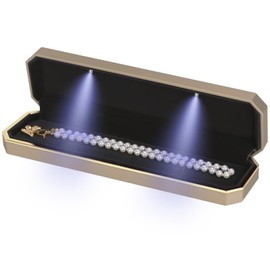 Luxury LED Necklace Long Chain Gift Box with LED Light, Velvet Jewelry Box Storage Case Organizer Holder (Gold)