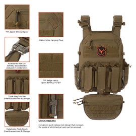 Tuxapo Tactical Vest for Men Molle set Quick Release Adjustable for Adult Airsoft Vest Military Training Hunting CS cosplay (Coyote Brown)