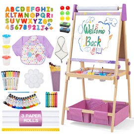 3-in-1 Adjustable Kids Art Easel Set, Height Adjustable Magnetic Whiteboard & Chalkboard with Painting Paper Roll, Wooden Dual-Sided Art Station for Toddlers & Children Ages 3+, Art Supplies Included