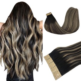 DOORES Real Hair Tape-In Extensions, Balayage Natural Black to Light Blonde, 45 cm (18 Inches), 50 g, 20 Pieces, Real Hair Tape Extensions, Blonde Remy Hair, Full Thick Ends Hairpiece for Invisible