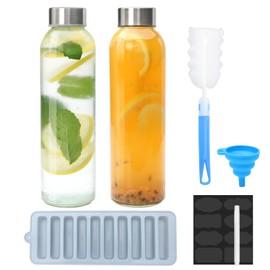 Brajttt Glass Juice Bottle with Lids,16oz Juicing Bottles Reusable, Clear Glass Water Bottles 16 oz with Stainless Steel Airtight Cap,Juice Beverage Container, Leak Proof，Set of 2