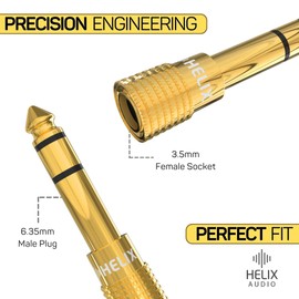 Helix Five Headphone Adapter – 3.5mm to 6.35mm Audio Jack Converter - 1/4 Inch Stereo Jack Plug - Gold-Plated 3.5 to 1/4 Adapter for Headphones, Amps, Mixers, Instruments, Aux, Phono (Single)