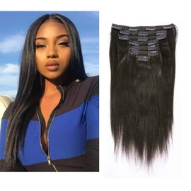 Anrosa Yaki Clip in Hair Extensions Human Hair for African American Relaxed Hair for 7 Piece 120 Gram, Natural Color Hair 12 Inch