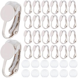 SOFPLATE 1 Box 20Pcs Clip-on Earring Converter Silver Clip on Earrings Converter Brass Round Flat Back Tray Earring Clips with Plastic Pads Non Pierced Earring Findings for Jewelry Making Supplies DIY