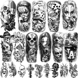 77 Sheets Temporary Tattoos, Chicano Large Fake Tattoos Chicano Guadalupe Gangster Prisoner Day of the Dead, Lowrider Style Culture Mexico Clown Tattoo Sticker for Men Women Adults