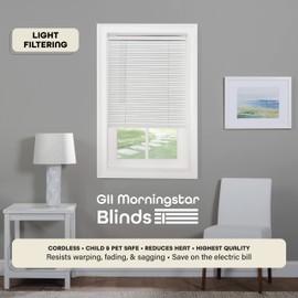 Cordless Light Filtering Mini Blind - 34 Inch Width, 48 Inch Length, 1" Slat Size - Pearl White - Cordless GII Morningstar Horizontal Windows Blinds for Interior by Achim Home Decor