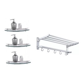 ArgenMex Set Baño 3 Repisas Esquineras Cristal + Toallero Doble Inox
