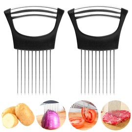 Pack of 2 Onion Cutter Holder, Vegetable Cutter Cutting Tools with 10 Prongs, Meat Slicer Meat Tenderizer Needle, Practical Kitchen Gadgets Safety Cooking Tools